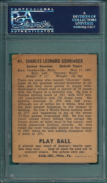 1940 Play Ball #41 Charley Gehringer PSA 3