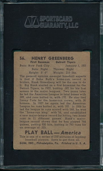 1939 Play Ball #56 Hank Greenberg SGC 40