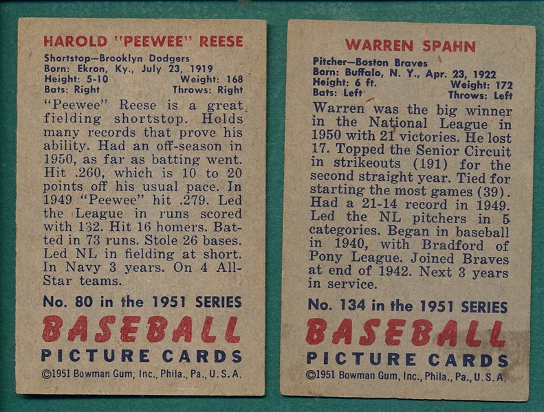 1951 Bowman #80 Reese & #134 Spahn, Lot of (2) 