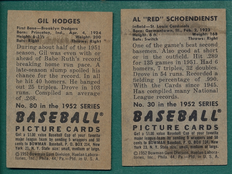 1952 Bowman #30 Schoendienst & #80 Hodges, Lot of (2) 