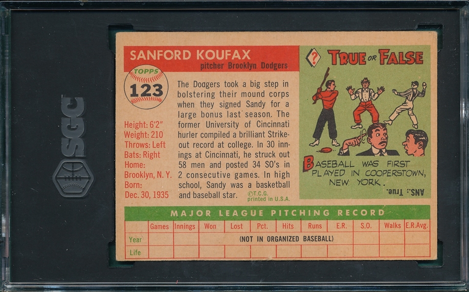 1955 Topps #123 Sandy Koufax SGC 4 *Rookie*