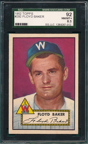 1952 Topps #292 Floyd Baker SGC 92