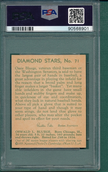 1934-36 Diamond Stars #71 Ossie Bluege PSA 8