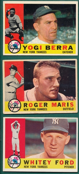 1960 Topps #35 Ford, #377 maris & #480 Berra, Lot of (3) Yankees
