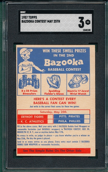 1957 Topps Bazooka Contest May 25th SGC 3