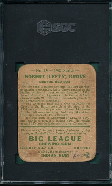 1934 Goudey #19 Lefty Grove SGC 1