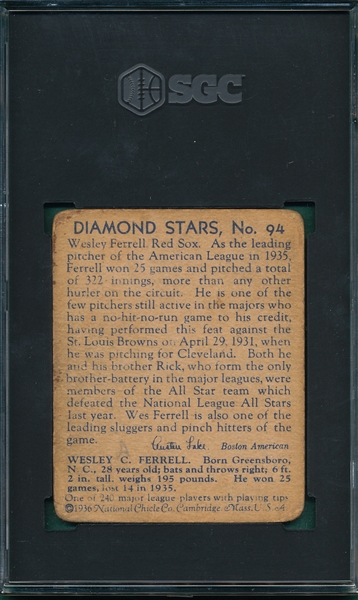 1934-36 Diamond Stars #94 Wes Ferrell SGC 1