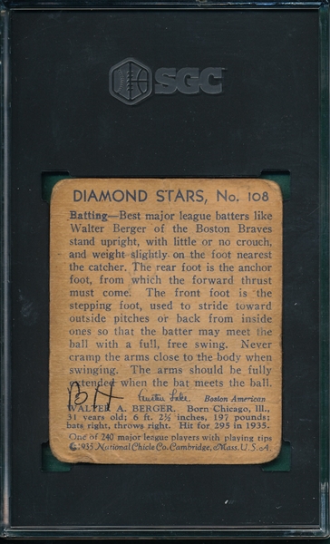 1934-36 Diamond Stars #108 Walter Berger SGC 1 *Hi #*