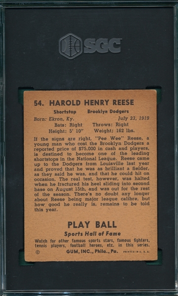 1941 Play Ball #54 Pee Wee Reese SGC 4.5 *Rookie*
