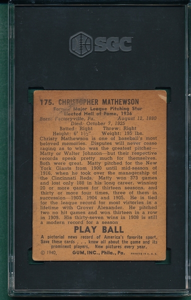 1940 Play Ball #175 Christy Mathewson SGC 2.5