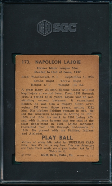 1940 Play Ball #173 Larry Lajoie SGC 1.5
