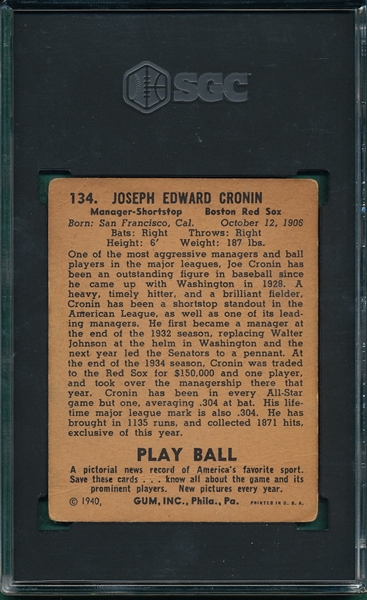 1940 Play Ball #134 Joe Cronin SGC 2