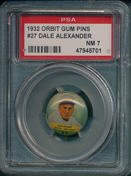 1932 Orbit Gum Pins #27 Dale Alexander PSA 7