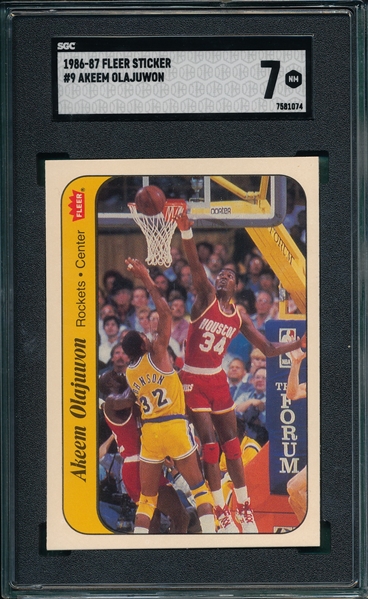 1986 Fleer Basketball Sticker #9 Hakeem Olajuwon SGC 7 *Rookie*