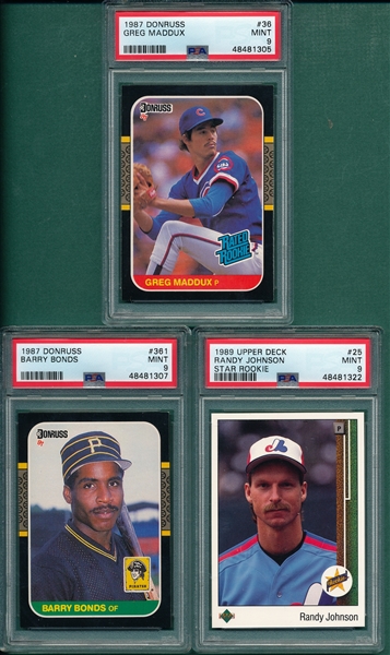 1987-89 Lot of (3) Rookies W/ Bonds, Maddux & Randy Johnson, PSA 9 *MINT*