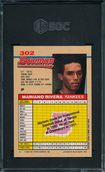 1992 Bowman #302 Mariano Rivera SGC 9 *MINT*