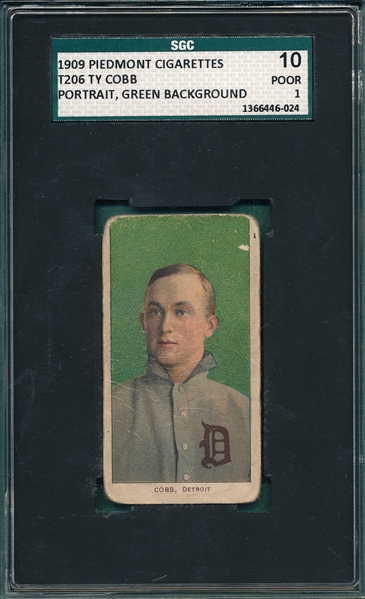 1909-1911 T206 Ty Cobb, Green Portrait, Piedmont Cigarettes SGC 10