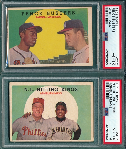 1959 Topps #212 Fence Busters W/Mathews & Aaron, & #317 NL Hitters W/ Mays, Lot of (2), PSA 4