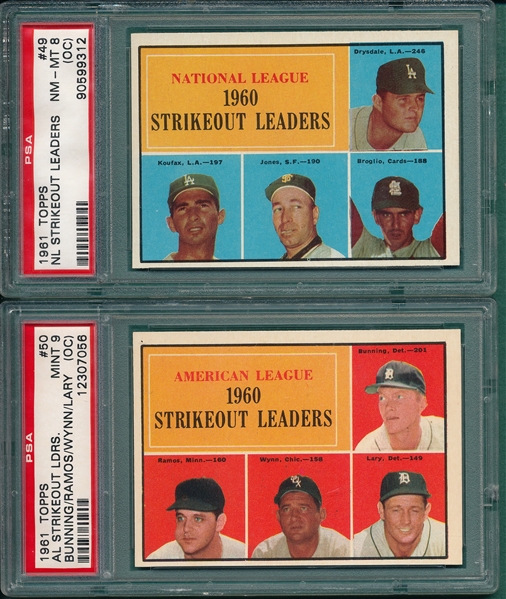 1961 Topps #49 & #50 Strikeout Leaders (2) Card Lot PSA 8 (OC) & 9 (OC)