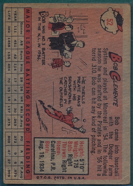 1958 Topps #52 Bob Clemente *Yellow Letters*