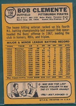 1968 Topps #150 Bob Clemente 
