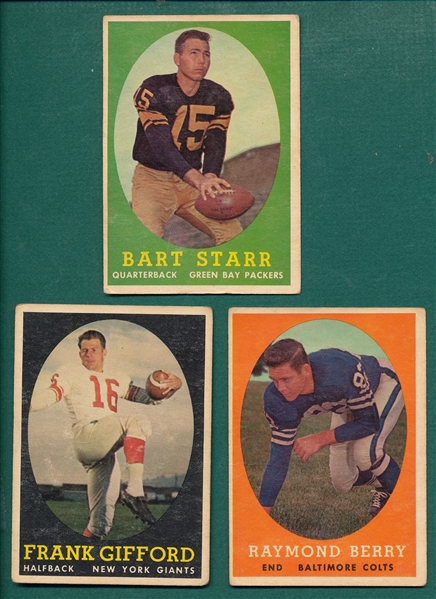1958 Topps Football #73 Gifford, #120 Berry & #66 Starr, Lot of (3)