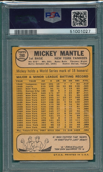 1968 Topps #280 Mickey Mantle PSA 3