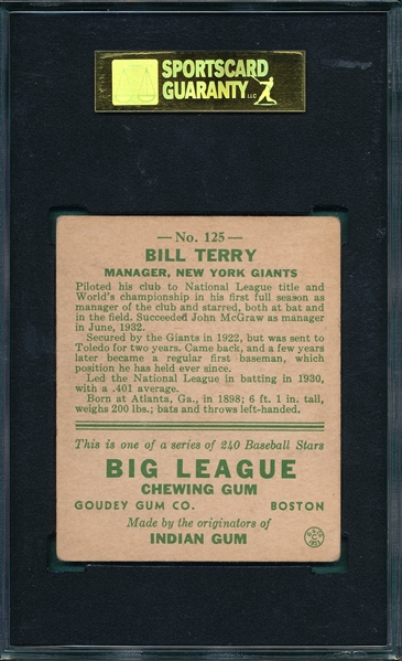 1933 Goudey #125 Bill Terry SGC 40