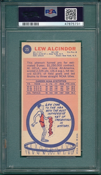 1969 Topps Basketball #25 Lew Alcindor PSA 6 *Rookie*