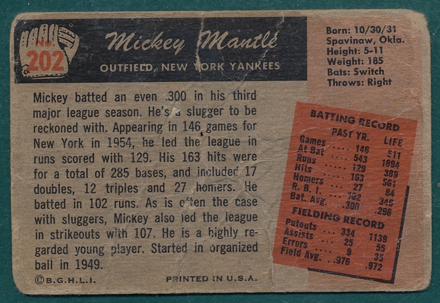 1955 Bowman #202 Mickey Mantle 