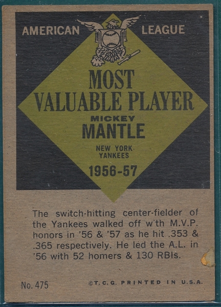 1961 Topps #475 Mickey Mantle, MVP