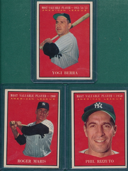 1961 Topps #471 Rizzuto, #472 Berra & #478 Maris, MVPs, Lot of (3)