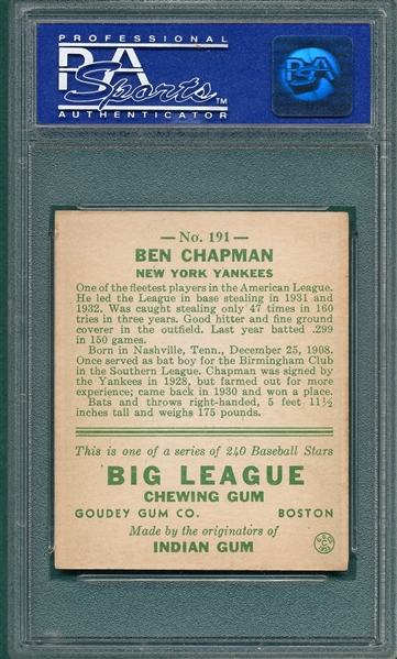 1933 Goudey #191 Ben Chapman PSA 7