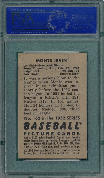 1952 Bowman #162 Monte Irvin PSA 9 *Mint* *None Higher, Low Pop*