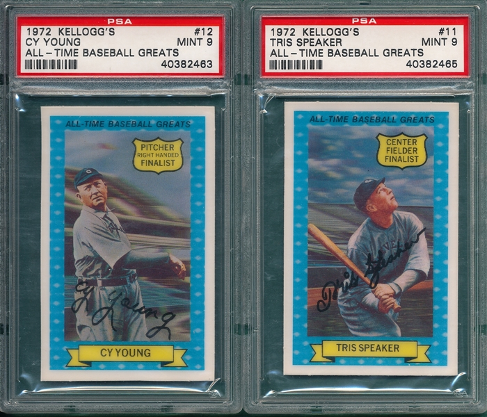 1972 Kellogg's All-Time Greats, #11 Speaker & #12 Cy Young, Lot of (2) PSA 9