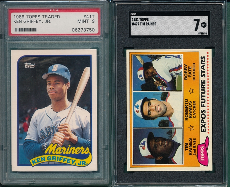 1981 Topps #479 Raines SGC 7 & 1989 Topps Traded #41T Griffey Jr., PSA 9, Lot of (2)