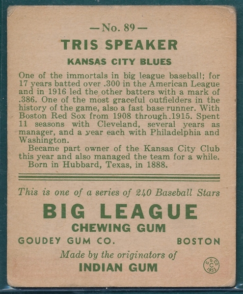 1933 Goudey #89 Tris Speaker