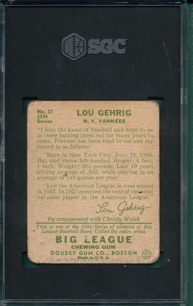 1934 Goudey #37 Lou Gehrig SGC 1