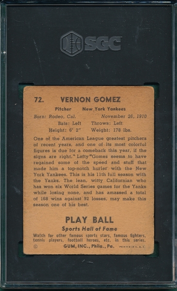 1941 Play Ball #72 Lefty Gomez SGC 3