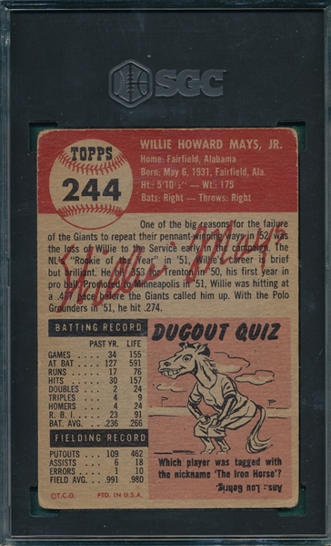 1953 Topps #244 Willie Mays SGC 2 *Hi #* *SP*