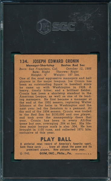 1940 Play Ball #134 Joe Cronin SGC 5