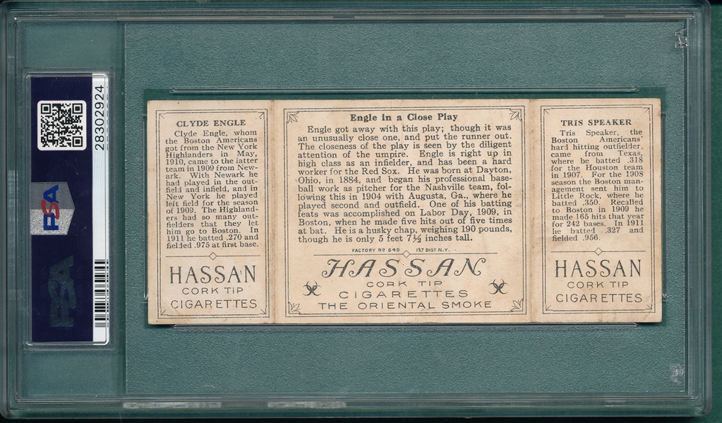 1912 T202 Engle In A Close Play W/ Engle/Speaker, Hassan Cigarettes PSA 1.5 *Presents Better*