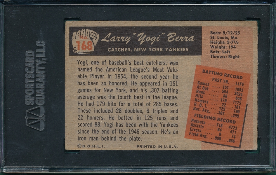 1955 Bowman #168 Yogi Berra SGC 40