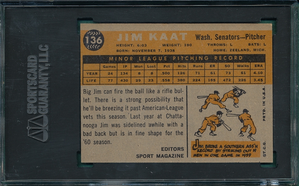 1960 Topps #136 Jim Kaat SGC 9 *None Graded Higher* *MINT* *Rookie*