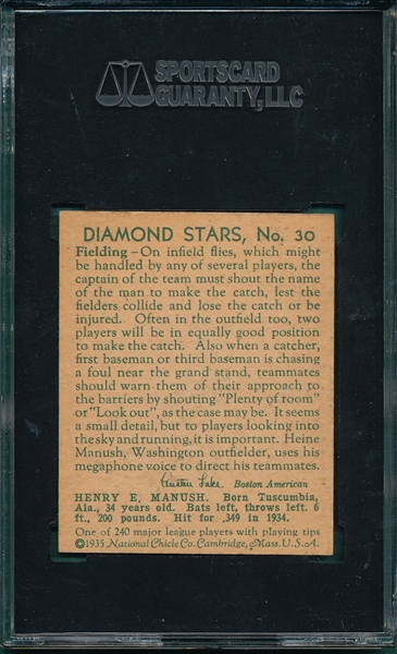 1934-36 Diamond Stars #30 Heinie Manush SGC 92 * W On Sleeve *