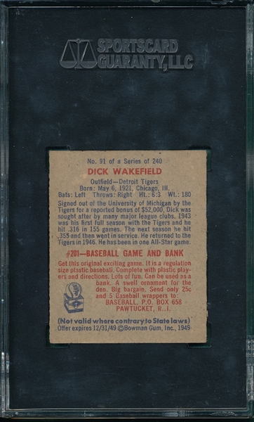 1949 Bowman #91 Dick Wakefield SGC 88