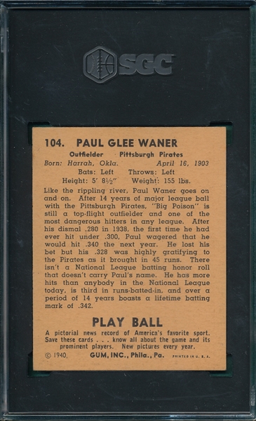 1940 Play Ball #104 Paul Waner SGC 6