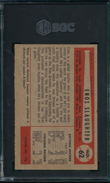 1954 Bowman #62 Enos Slaughter SGC 7