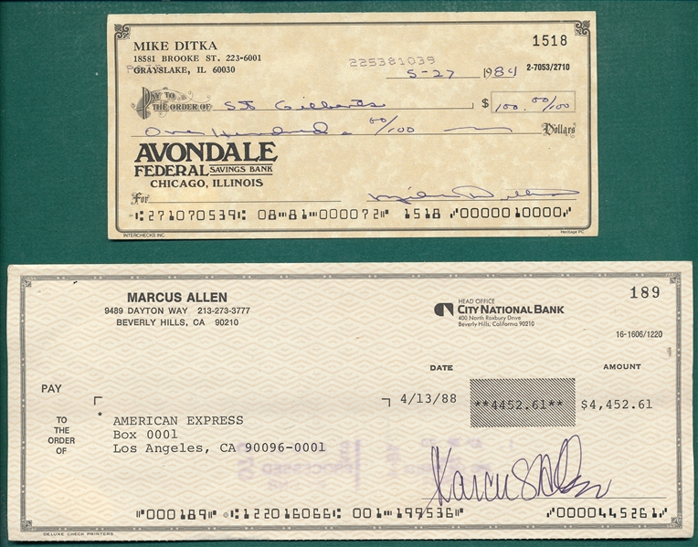 Signed Checks from Ditka & Marcus Allen, Lot of (2) JSA