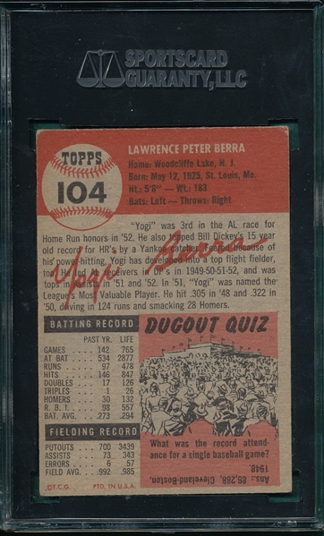 1953 Topps #104 Yogi Berra SGC 40